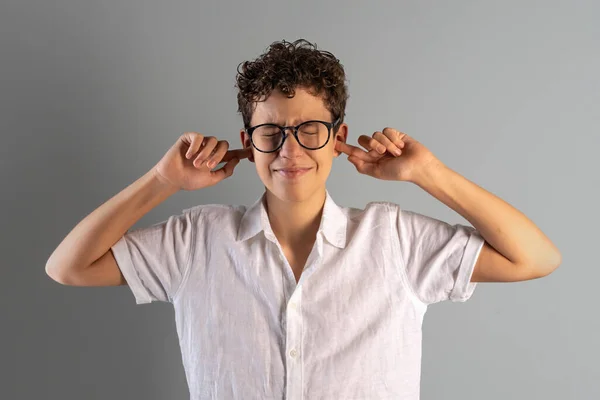 Curly Haired Pre Adolescent Boy Glasses Squeezing Eyes Shut Covering — Stock Photo, Image
