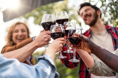 Bir grup arkadaş, neşeli bir şekilde kırmızı şarapla kadeh kaldırarak dışarıda sosyalleşmenin tadını çıkarıyorlar..