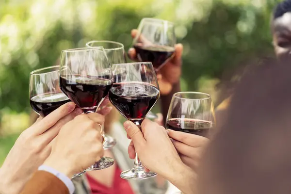 Close-up of friends toasting with red wine in an outdoor celebration, symbolizing shared joy.
