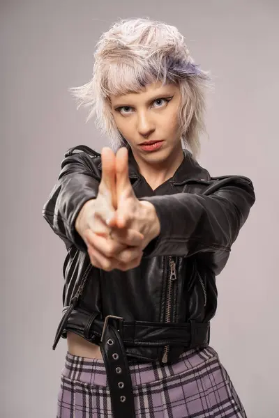 Young Adult Showcasing Edgy Punk Fashion Style Confident Pose Exuding — Stock Photo, Image