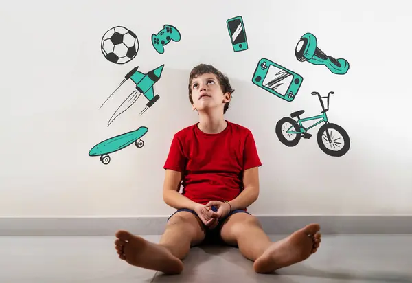 Young Boy Gazes Upward Surrounded Sketches Toys World Childlike Wonder — Stock Photo, Image
