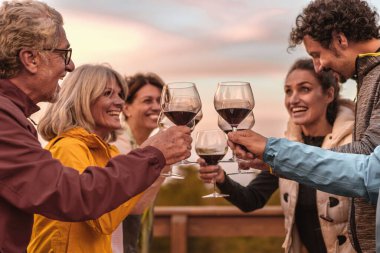 Bir grup gülen arkadaş dışarıda kırmızı şarap bardaklarıyla kadeh kaldırarak gün batımında arkadaşlığın keyfini kutluyorlar..