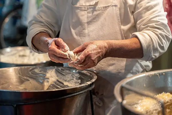 Chef Preparing Sicilian Crispelle Street Sicily Traditional Fried Dough Snack — Stock Photo, Image