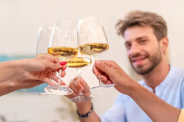 Gruppo Amici Riunisce Alzando Calici Vino Bianco Brindisi Celebrare Occasione Foto Stock