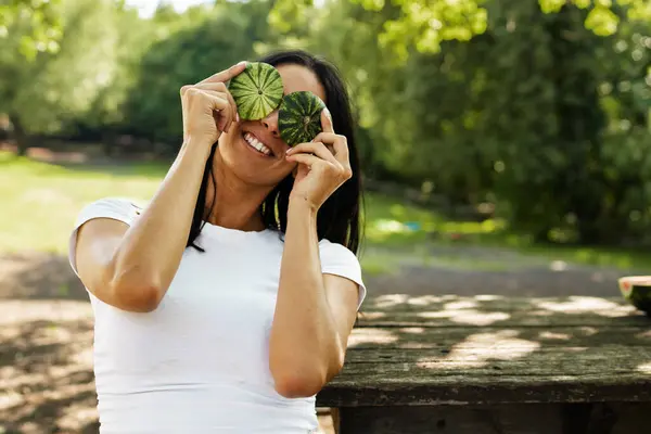 Joyful Woman Using Watermelon Slices Playful Eyewear Nature Humorous Natural — Stock Photo, Image