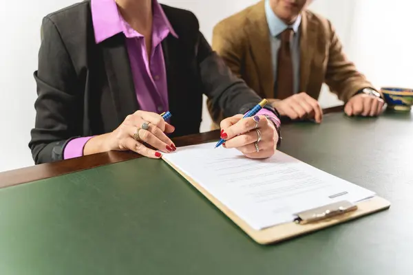 Two Business Professionals Engaged Signing Contract Focus Hands Document Legal — Stock Photo, Image