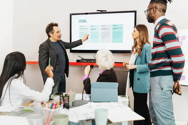 A business team engaged in a content planning session - presenter outlining the strategy on a screen, content development - marketing team interaction, workshop for creative brainstorming.