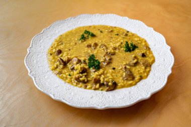 Süslü beyaz porselende servis edilen otantik İtalyan mantarlı risotto tabağı. Mantarlı ve maydanozlu ev yapımı kremalı pirinç yemeği. Basit zarif sunum.