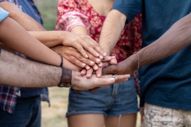 Çemberde birleşmiş çok ırklı ellerin birleşmesi birlik, takım çalışması ve kapsama göstergesidir. Çeşitli topluluk üyelerinin özgün anı destek ve birlikteliği sembolize eder