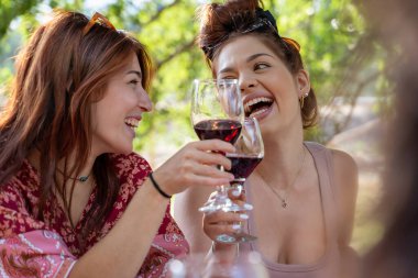 İki neşeli kadın açık havada kırmızı şarapla gülüyor ve kadeh kaldırıyor. Arkadaşlığımızı kutluyor ve güneşli günün tadını çıkarıyoruz..