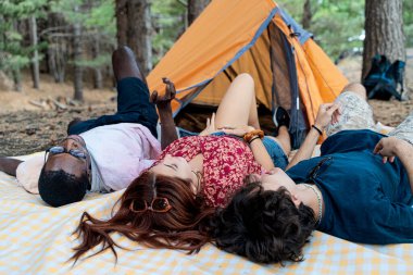 Bir grup genç arkadaş kamp alanlarında bir battaniyeye uzanmış birlikte gülüyor ve konuşuyorlar. Arkadaşlık kavramı, toplum ve doğada rahatlama.