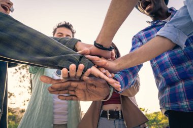 Çeşitli etnik gruplardan oluşan bir arkadaş grubu kollarını ve ellerini bir birlik çemberine bağlıyor. Parlak bir güneş ışığıyla düşük bir açıdan bakıyorlar. Destek, takım çalışması ve güveni sembolize ediyorlar..