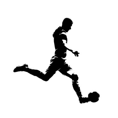 Futbol oyuncusu koşuyor ve topa vuruyor, yalıtılmış vektör silueti, yan görüş. Futbolcu mürekkep çizimi, forvet