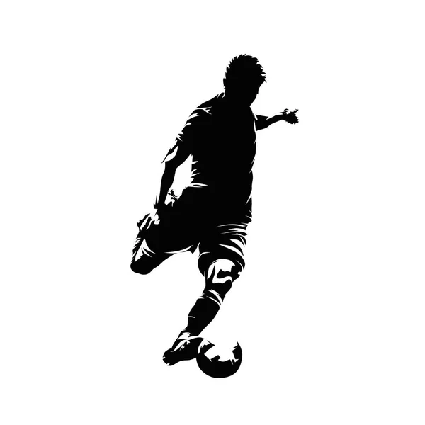 足球运动员踢球 足球运动员射门得分 孤立的矢量轮廓 墨水绘图 前视图 — 图库矢量图片