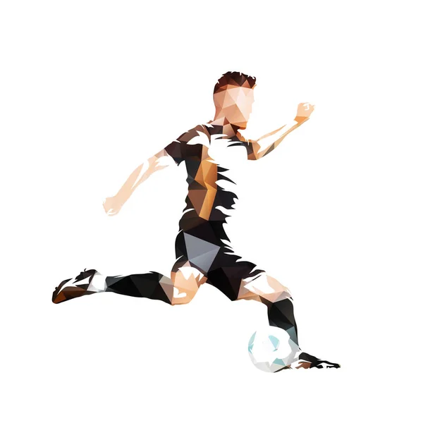 Fußball Fußballer Der Ball Kickt Niedrige Polygonale Vektordarstellung Seitenansicht Geometrisch — Stockvektor