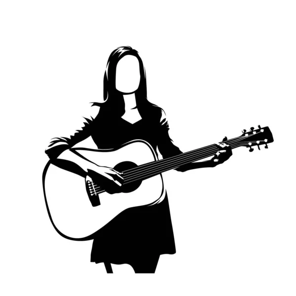 Mujer Toca Guitarra Silueta Vectorial Aislada Dibujo Tinta — Vector de stock