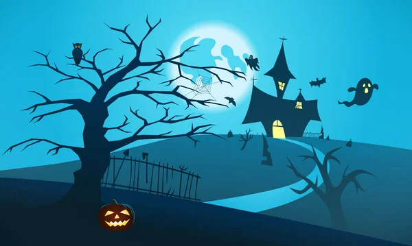 Banner Paisaje Nocturno Halloween Ilustración Vectorial Feliz Diseño Plano Dibujos — Vector de stock