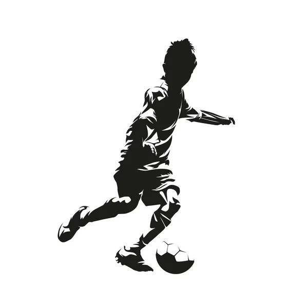 Мальчик Играет Футбол Футболист Ребенок Пинает Мяч Изолированный Векторный Силуэт — стоковый вектор
