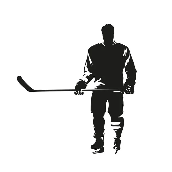 Ishockeyspelare Stående Isolerad Vektor Siluett Bläckritning Ishockeylogon Framifrån — Stock vektor