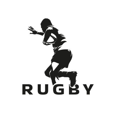Rugby oyuncusu topla koşuyor, soyut izole vektör silueti, mürekkep çizimi. Takım sporcusu. Rugby logosu