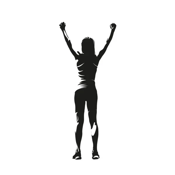 Woman Celebrates Her Hands Raised Abstract Isolated Vector Silhouette Rear — Stock Vector