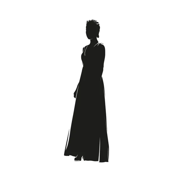 Mujer Pie Vestido Noche Largo Silueta Vectorial Aislada — Vector de stock
