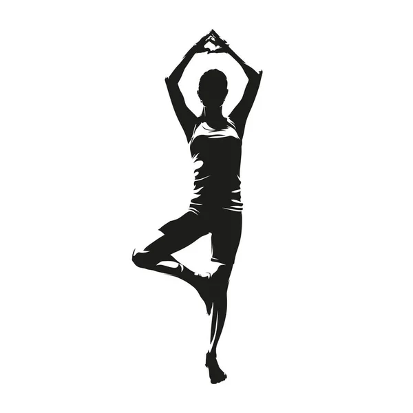 瑜伽树姿势 女性健身教练 抽象孤立的病媒轮廓 前面的景色水墨画 — 图库矢量图片