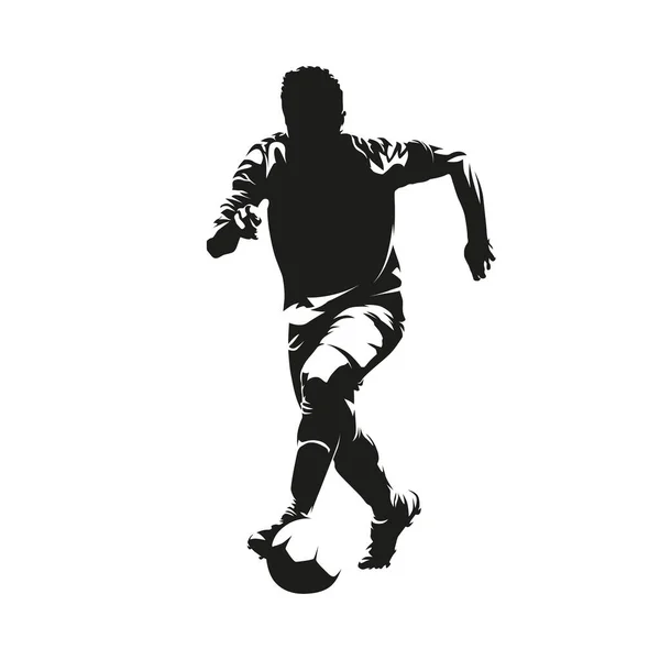 Футболист Бегает Мячом Вид Спереди Изолированный Векторный Силуэт Чернильный Рисунок — стоковый вектор