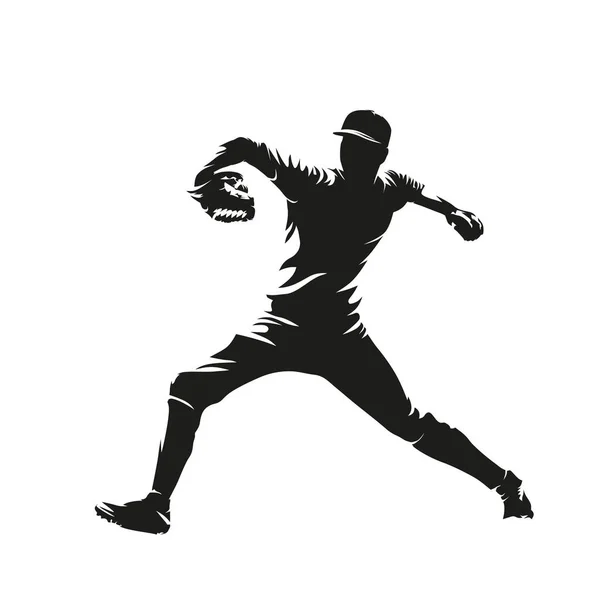 Lanciatore Baseball Lancia Palla Silhouette Vettoriale Isolata Vista Laterale Logo — Vettoriale Stock
