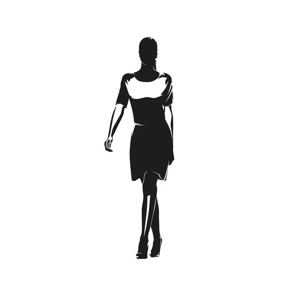 穿着短裙走路的女商人 抽象孤立的矢量轮廓 时装模特时装秀 — 图库矢量图片