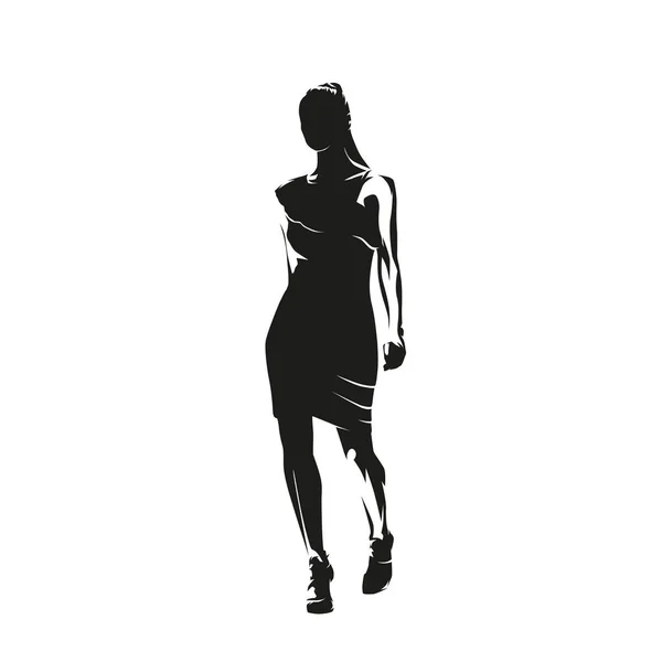 Femme Affaires Robe Courte Marche Silhouette Vectorielle Isolée Abstraite Défilé — Image vectorielle