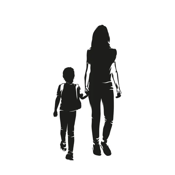 妈妈牵着她年幼的女儿 手牵手走向学校 抽象孤立的病媒轮廓 回学校去 — 图库矢量图片