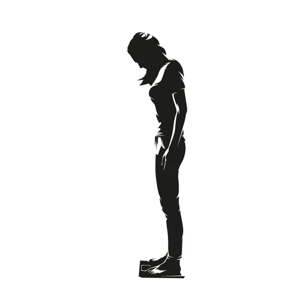 瘦弱的女人站在秤上称自己的体重 抽象孤立的病媒轮廓 — 图库矢量图片
