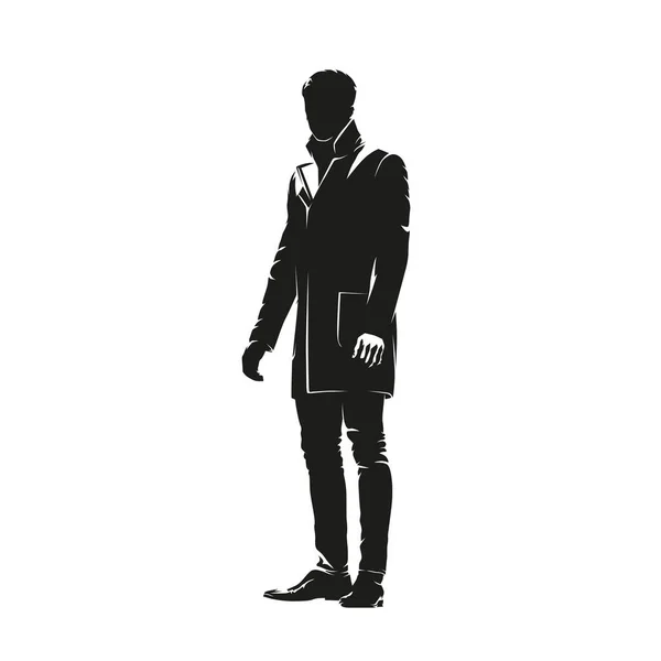 コート立ち フロントビュー 抽象的な孤立ベクトルシルエット インクの描画の男 秋服のサラリーマン — ストックベクタ