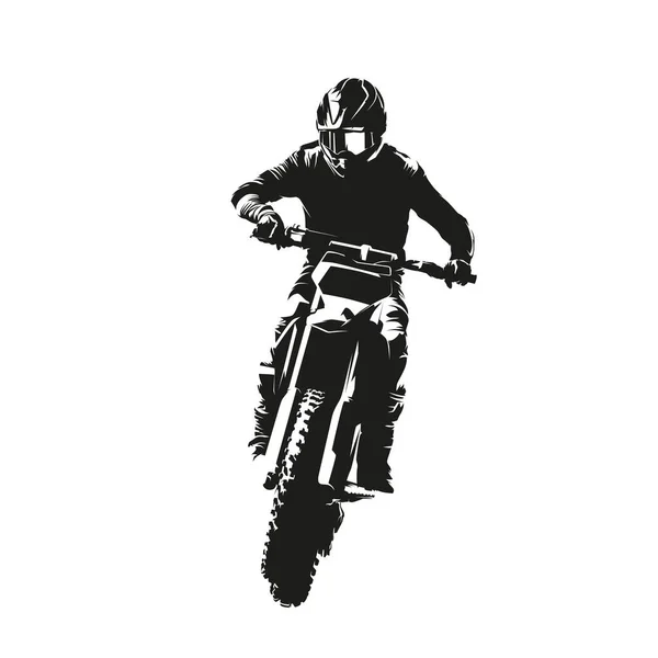Motocross Rider Jumping Motorcycle Isolated Vector Silhouette Front View Enduro — Stock Vector