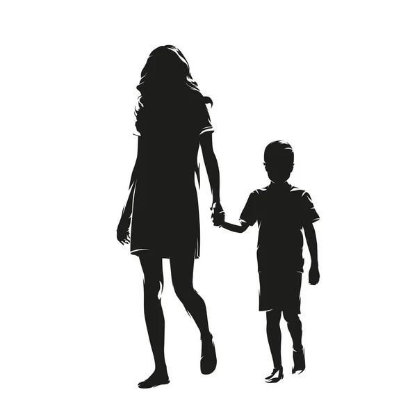 妈妈和儿子手牵着手向前走 母子关系 孤立的病媒简况 — 图库矢量图片