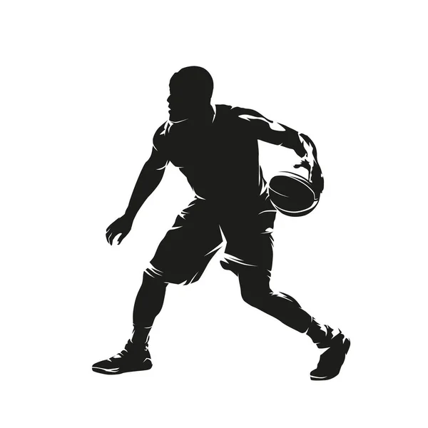 Baloncesto Jugador Driblando Bola Abstracto Silueta Vectorial Aislado Vista Lateral — Vector de stock