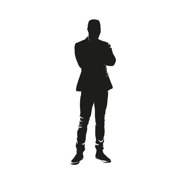 Business Man Standing Folded Arms Isolated Vector Silhouette Front View — Stock Vector