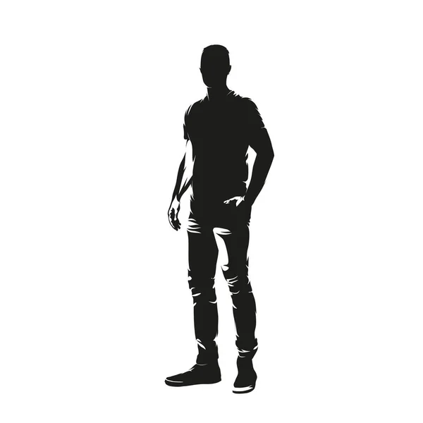 Muž Oblečený Košili Džínách Stojí Boční Pohled Izolovaná Silueta Vektoru — Stockový vektor