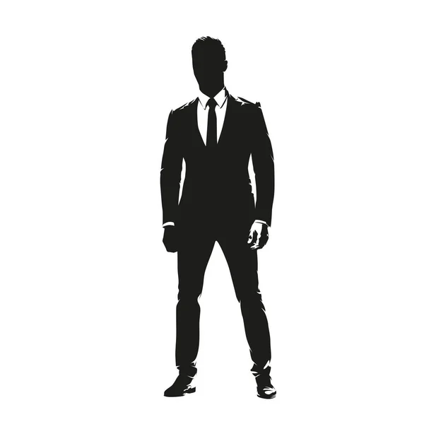 Businessman Suit Standing Isolated Vector Silhouette Front View Business Man — Stock Vector
