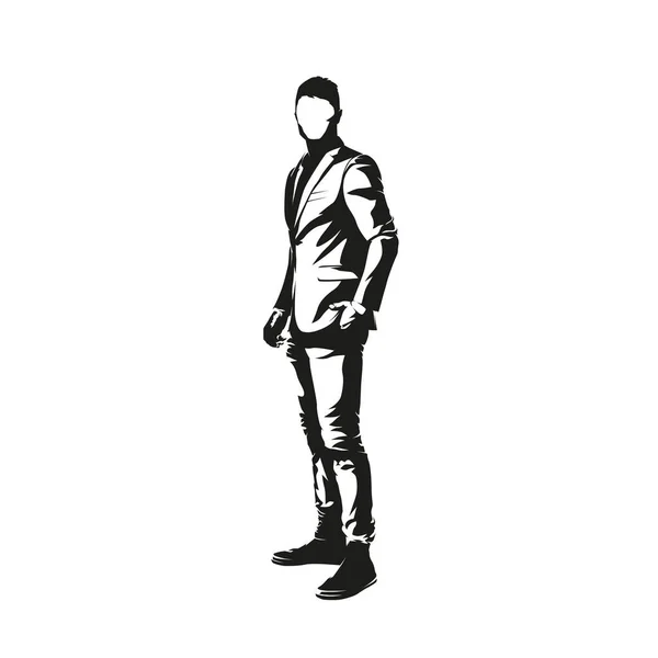 Homme Affaires Debout Costume Vue Latérale Silhouette Vectorielle Isolée — Image vectorielle