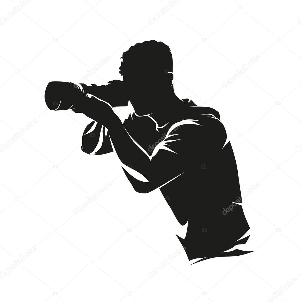 Photographer with camera, abstract man isolated vector silhouette, front view. Ink drawing