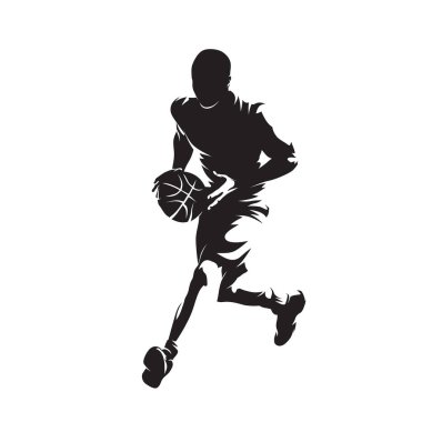 Basketball player with ball, isolated vector silhouette. Basketball logo, front view