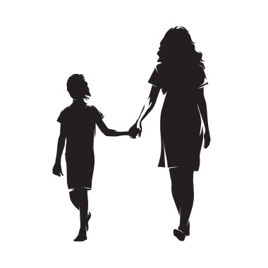Mother and daughter walking and holding hands. Isolated vector silhouette, front view