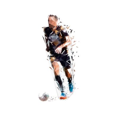 Soccer player runnin with ball, low polygonal football player, front view. Isolated geometric vector illustration