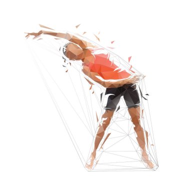 Woman stretches her back muscles. Relaxation of the muscles, yoga. Low polygonal vector illustration. Exercise, front view