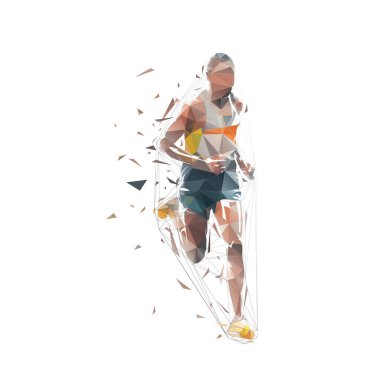 Running man, run, low polygonal isolated vector silhouette, front view of marathon runner