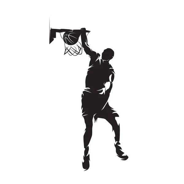 Basketball Player Slam Dunk Isolated Vector Silhouette Ink Drawing — Vetor de Stock