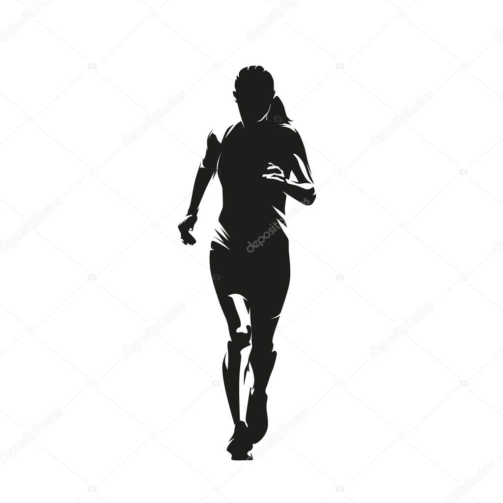 Run, running woman, isolated vector silhouette, ink drawing, front view