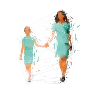 Mother and daughter walking and holding hands. Isolated low polygonal vector illustration, front view